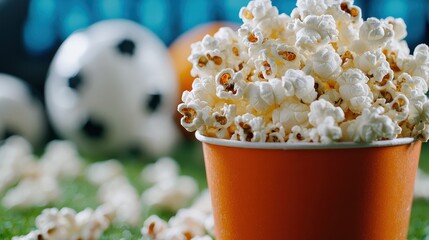 A close-up of popcorn in an orange cup, surrounded by soccer balls on a grassy field.