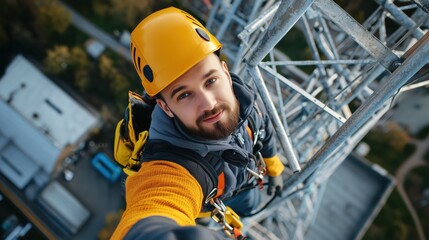 A Brave Technician Capturing His Adventure While Climbing a Communication Tower Surrounded by Urban Landscape Beneath Him