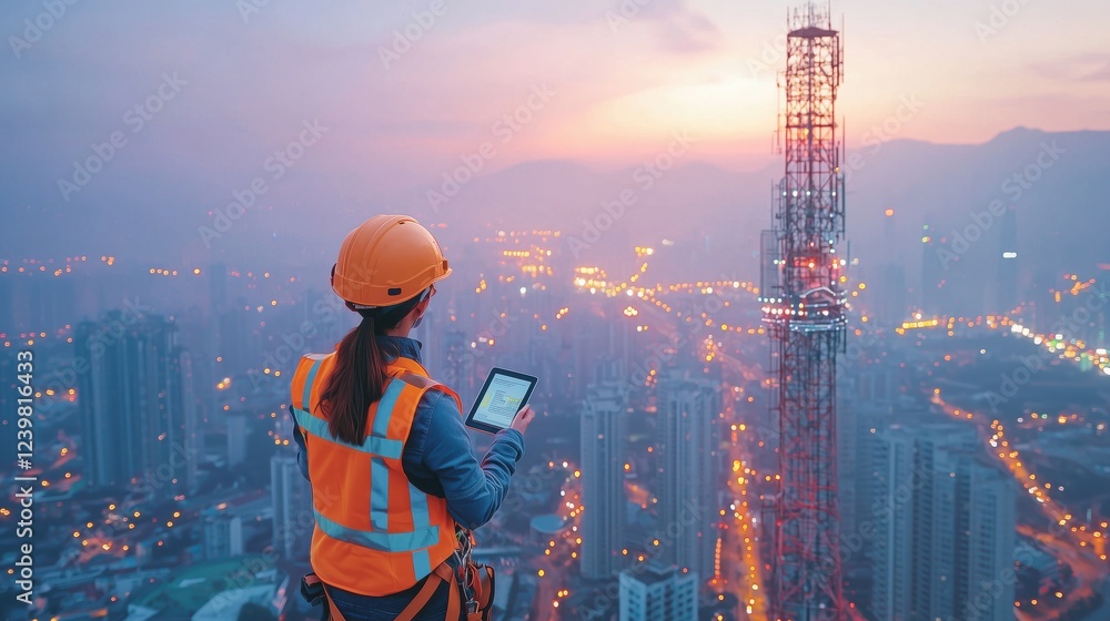 Poster worker using technology to monitor city infrastructure from a high vantage point at sunset, with a c