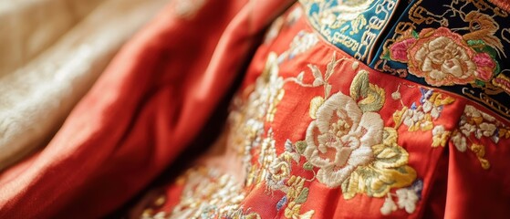 Close-Up of Intricate Details in Traditional Chinese Clothing Fabric