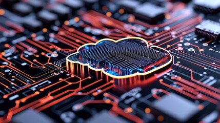 A digital cloud symbol on a circuit board, representing cloud computing technology.