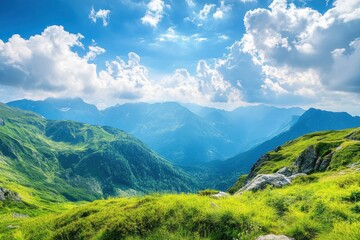 Naklejka premium Scenic mountain landscape with lush greenery and dramatic skies captured in bright daylight. Generative AI