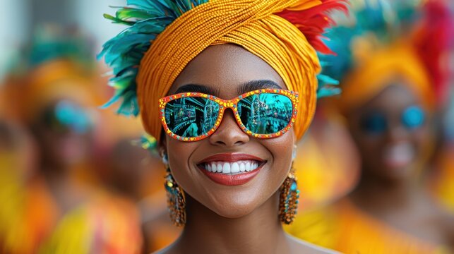 Energetic and Vibrant Rio Carnival Street Scene with Samba Dancers Performing in Colorful Feathered Costumes and Accessories  of Brazilian Culture Music and Dance Tradition