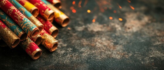 Festive Close-Up of Colorful Firecrackers on Rustic Background