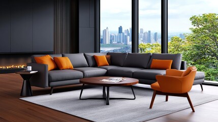 Fototapeta premium Luxurious and Sophisticated Living Room with Expansive Floor to Ceiling Windows Offering Breathtaking Cityscape Views Meticulously Designed with High End Furniture Plush Upholstery