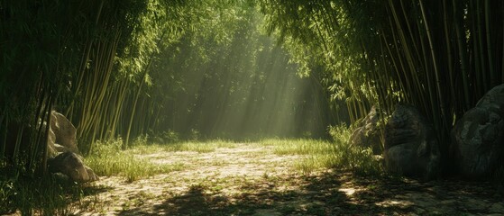 Obraz premium Peaceful Bamboo Grove Bathed in Dappled Sunlight