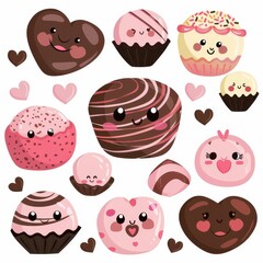 A collection of cartoon cupcakes with hearts on them