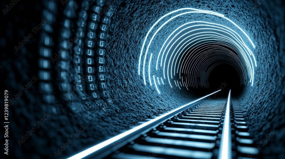 Poster futuristic railroad tunnel digital data stream technology innovation progress