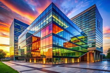Obraz premium Modern Glass Office Building, Minimalist Architecture, Sleek Design, Geometric Facade, High-Rise Structure
