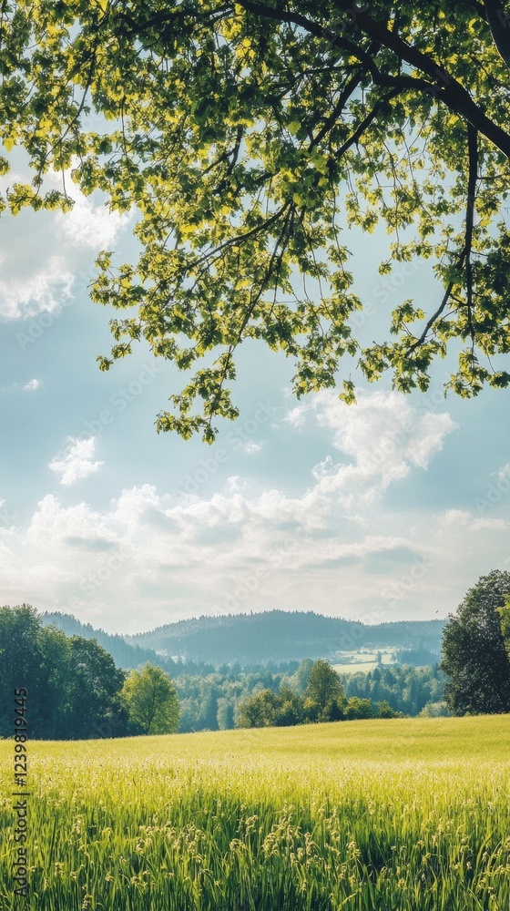 Aufkleber sunlight filtering through leaves over a vast green field in a serene countryside landscape. generat