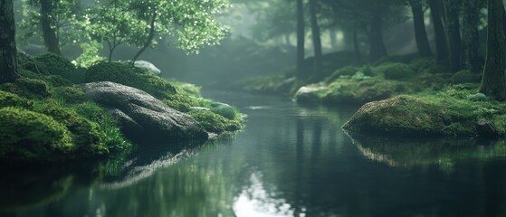 Tranquil Forest Stream with Moss Covered Rocks and Lush Greenery