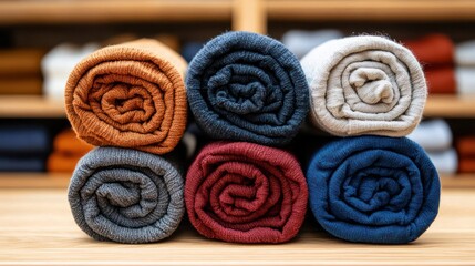 Six neatly rolled blankets in various colors, arranged on a wooden surface.