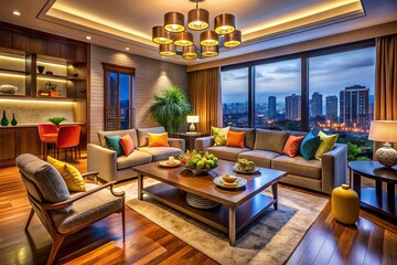 Modern Living Room with Cozy Ambiance and Gourmet Meal