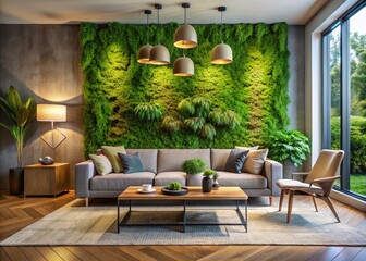 Obraz premium Modern Living Room with Moss Wall and Coffee Table
