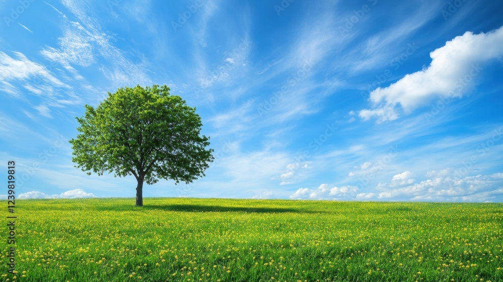 Fototapete lush green tree standing alone in an open field under a bright blue sky with scattered clouds. gener