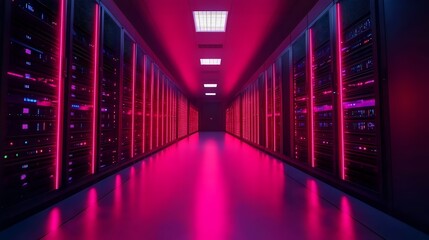 Fototapeta premium A long hallway with pink lights and a red wall