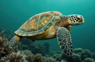 Obraz premium Under sea image of a Hawksbill turtle swimming gracefully through a vibrant coral reef. 