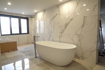 Modern freestanding bathtub in a luxurious bathroom with marble wall tiles. Perfect for showcasing home design, real estate, or interior decor.