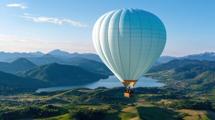 Naklejka premium A serene hot air balloon floats over a picturesque landscape with mountains and a lake.