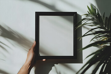 Empty Frame Mockup: A hand holds a black frame against a soft, light background with dappled sunlight and a tropical leaf. Perfect for showcasing artwork, photos, or designs. 