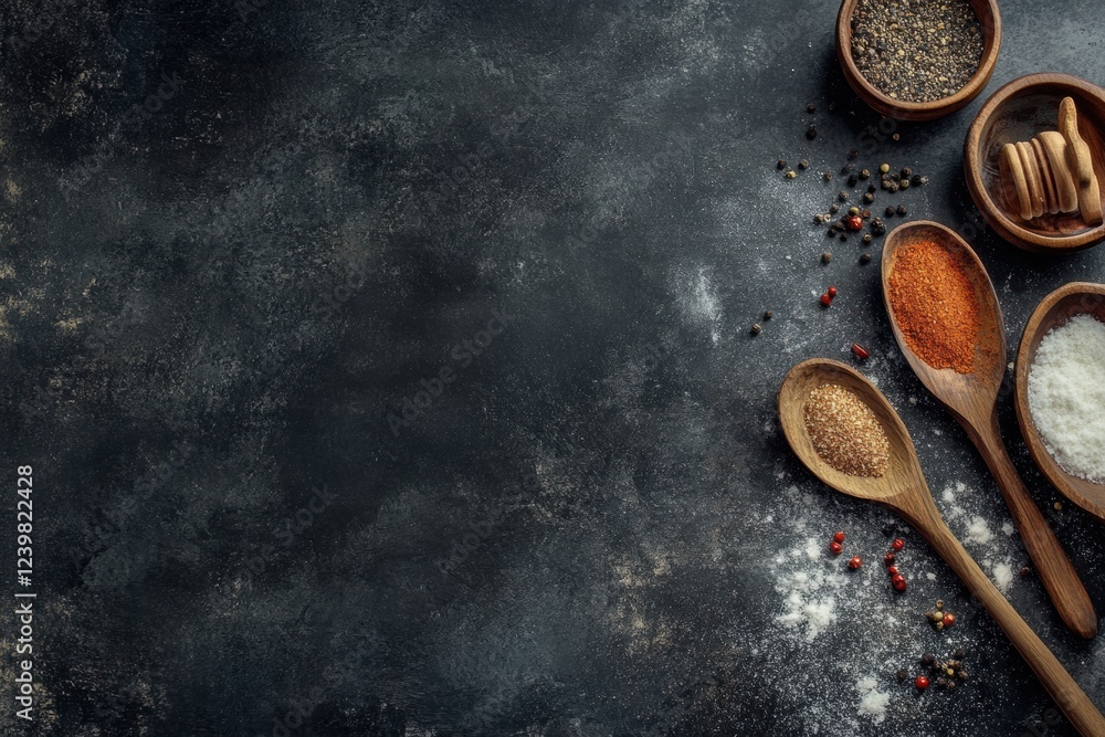 Poster various spices arranged on wooden spoons and bowls on a textured dark surface in a kitchen setting. 