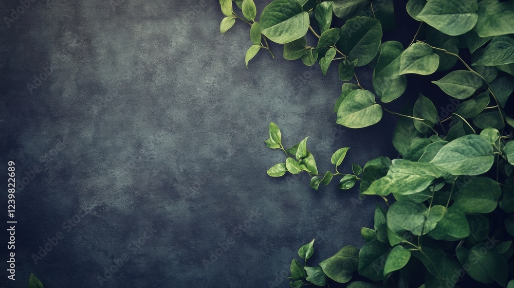 Poster lush green leaves cascading against a textured dark background create a serene and tranquil atmosphe