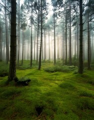 Obraz premium morning in a dense pine forest 