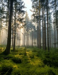 morning in a dense pine forest 