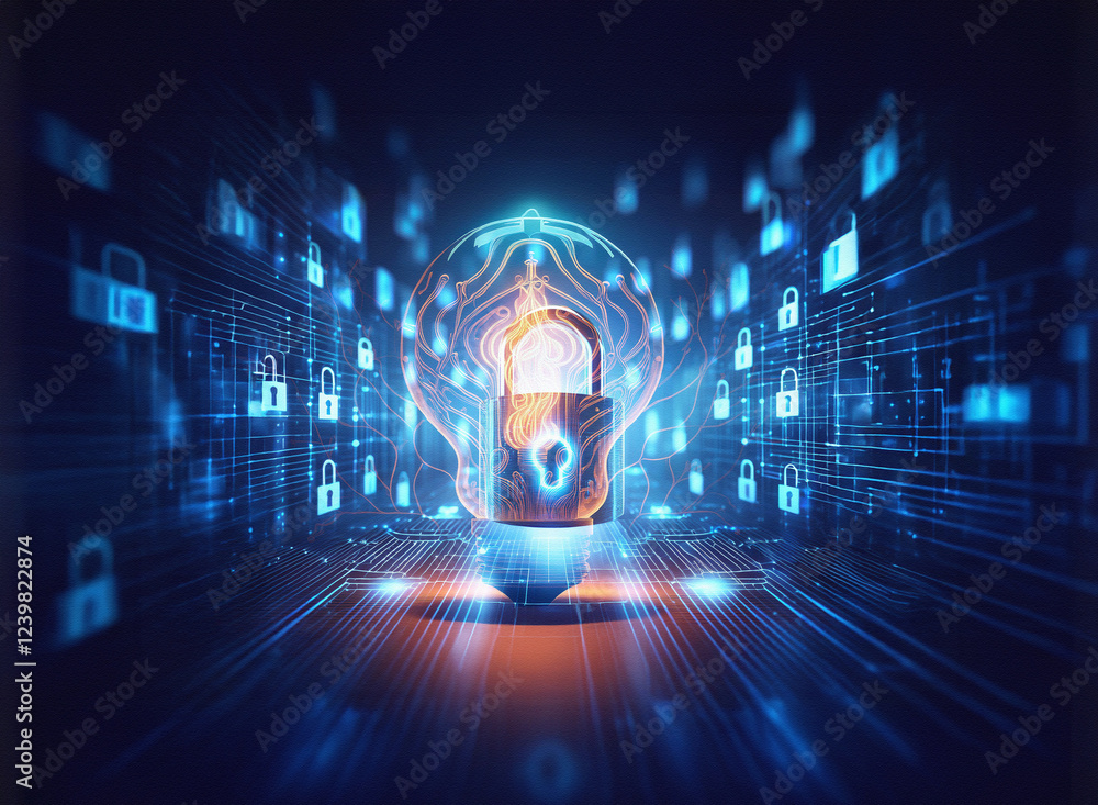 Poster a double exposure image depicts a glowing lightbulb with a padlock inside, surrounded by digital dat