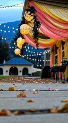 Obraz premium Romantic Outdoor Wedding Venue Decor Pink Orange Yellow Draping String Lights Lantern