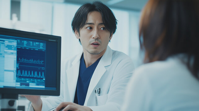医師がコンピュータ画面を操作しながら患者に治療法を説明するシーン