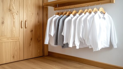 A minimalist wardrobe showcasing neatly hung white and gray shirts on wooden hangers.