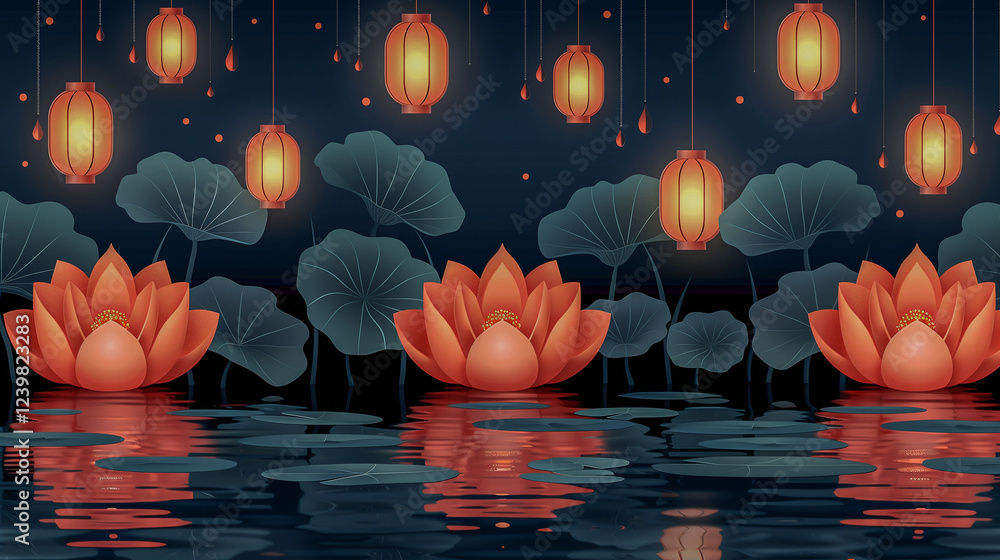 Poster elegant lotus lanterns floating on a tranquil night..
