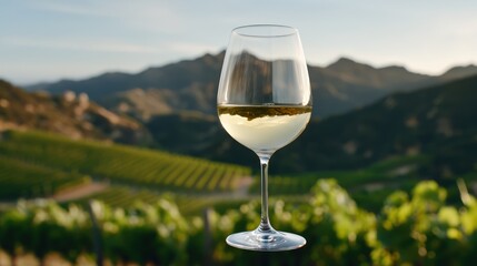Obraz premium A glass of white wine against a vineyard backdrop during sunset.