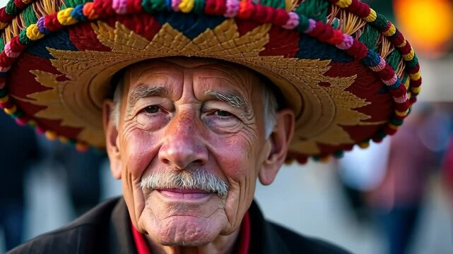An elderly Mexican man in a colorful sombrero on the street. Cinco de Mayo Festival. He looks at the camera and smiles, a close-up portrait. Generative 4k video.