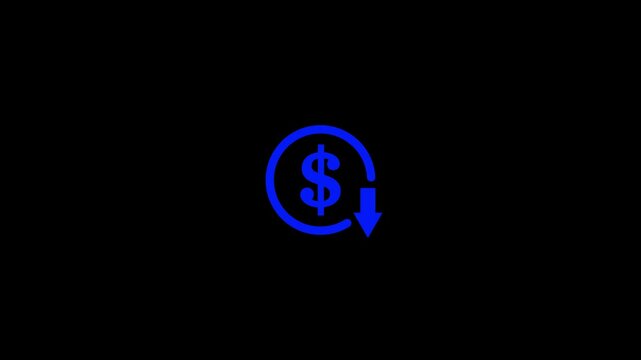 dollar down icon symbol.Dollar price collapse. Dollar price fall.Money reduction icon. Dollar currency price drop concept. circle with down arrow moving animation.