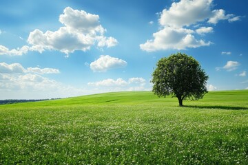 Green meadow under bright blue sky with fluffy clouds and solitary tree in a peaceful landscape. Generative AI