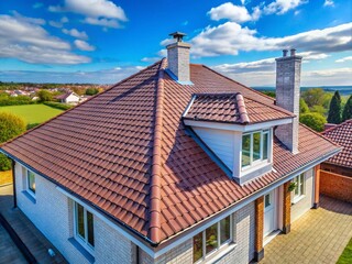 New Roof Windows, Metal Chimney & Tiles - Home Improvement Stock Photo