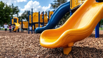 A vibrant playground featuring yellow slides and a wood chip surface for children's play.