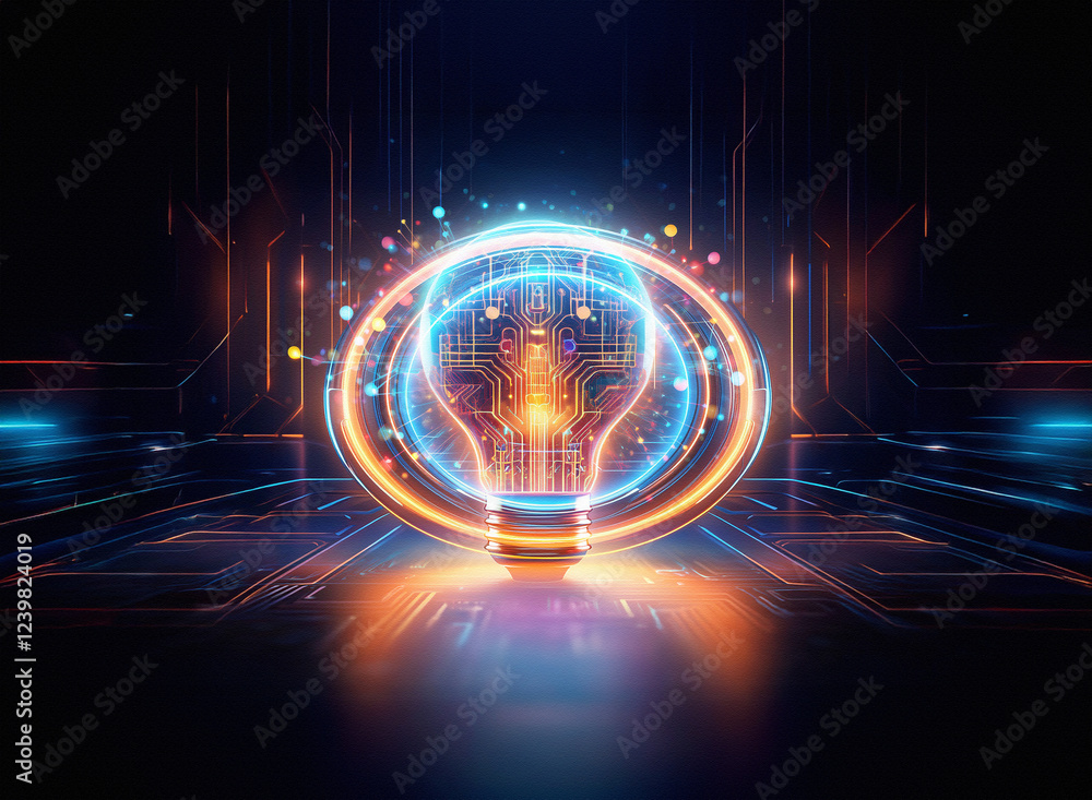Poster a mesmerizing double exposure image depicts a glowing lightbulb within a vibrant circular frame, set