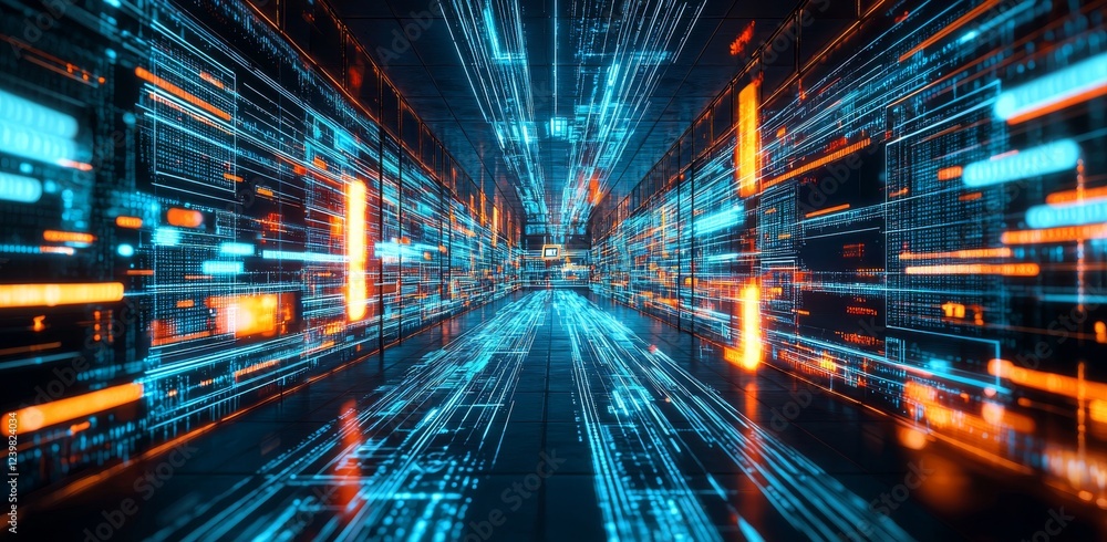 Poster futuristic blue digital background with lines of code flowing