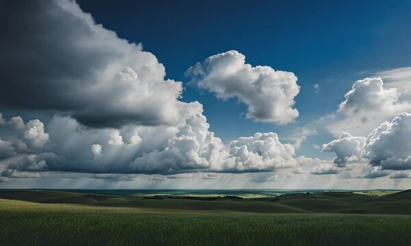 Dramatic clouds over rolling green fields.