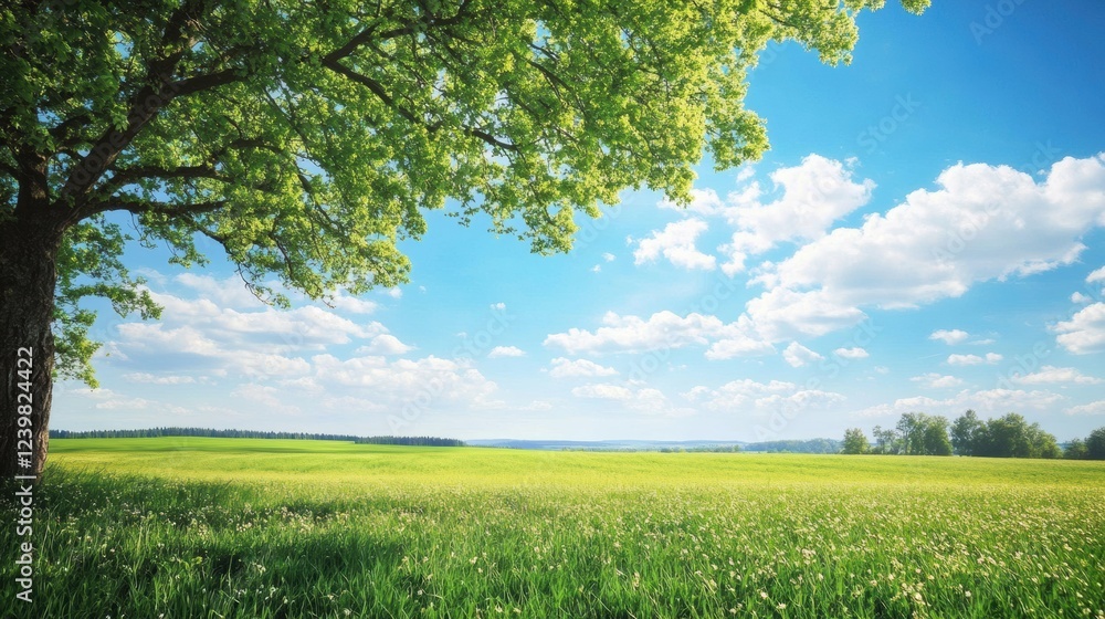 Poster expansive green meadow under a clear blue sky with fluffy clouds in a serene landscape during daytim