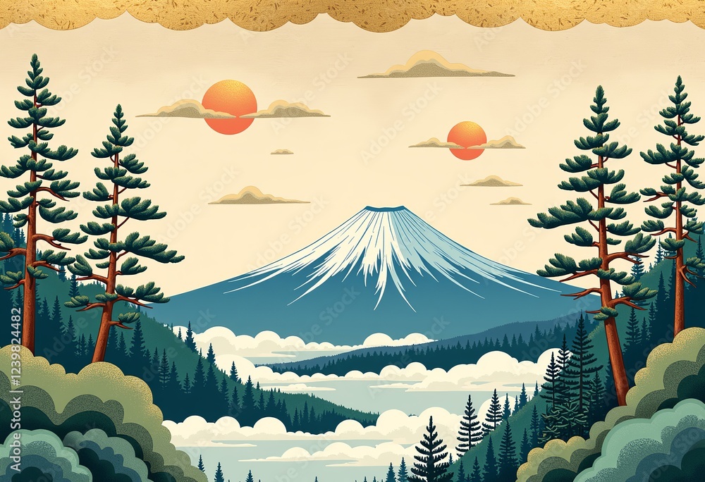 Poster 日本の山岳アート：松と雲のある富士山、優しい青、緑、白、金のタッチ、伝統的なモチーフ、穏やかな風景、上品な模様、文化的なデザイン、シームレスなリピート、時代を超えたスタイル