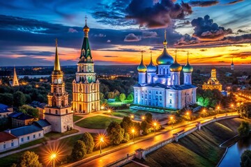 Fototapeta premium Night Flight over Ryazan Kremlin: Aerial View of Assumption Cathedral