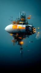 Fototapeta premium A futuristic floating structure illuminated by warm lights, surrounded by a misty blue atmosphere, suggesting advanced technology and innovation.