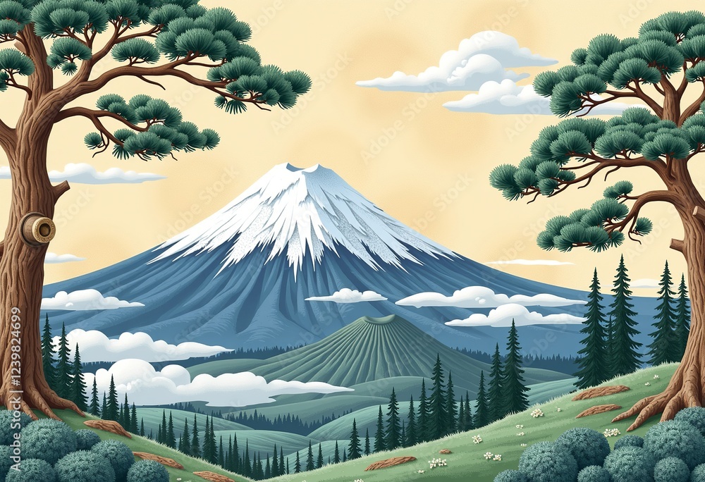 Poster 上品な日本の風景：富士山、松、雲、優しい青、緑、白色調、繊細な金色の詳細、伝統的な美術、穏やかな風景、文化的なモチーフ、シームレスなリピート、時代を超えたデザイン、平和なパターン