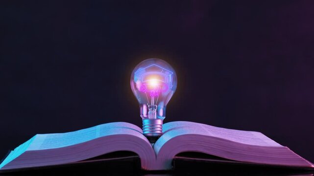 Glowing light bulb showing e-learning icons on virtual screen. Concept of online education, webinar for personal development and professional qualifications. Digital courses to develop new skills.