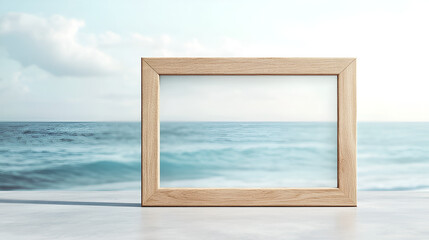 Ocean View Frame Mockup: A light wooden picture frame sits on a bright surface, showcasing a blurred ocean scene.