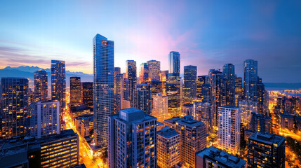 Obraz premium vibrant city skyline at dusk, showcasing tall buildings and illuminated streets. scene captures essence of urban life with beautiful sunset backdrop